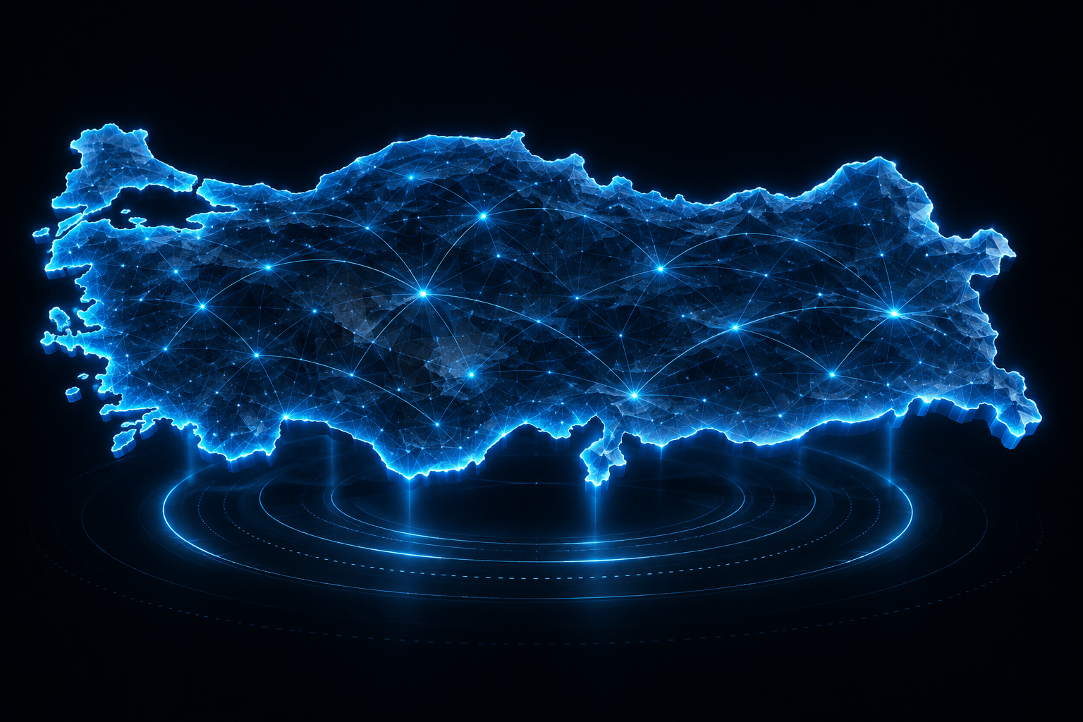 Mavi ışıklarla bağlantı noktalarını gösteren hologram Türkiye haritası